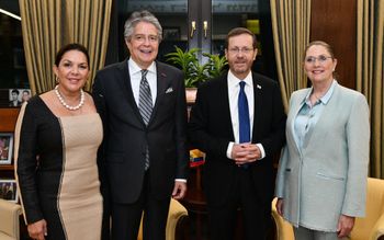 Ecuador's First Lady María de Lourdes Alcívar (FL) and President Guillermo Lasso (CL) stand alongside Israel's President Isaac Herzog (CR) and First Lady Michal Herzog (FC) in Jerusalem on May 11, 2022.
