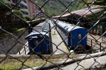 Trains stand idle at the Aguas Calientes train station, near Machu Picchu, in the Cusco department of Peru