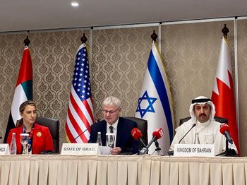 L to R: US Acting Assistant Secretary of State for Near Eastern Affairs Yael Lempert, Israel Foreign Ministry Director-General Alon Ushpiz and head of Bahraini Ambassador Shaikh Abdulla bin Ahmed bin Abdulla al-Khalifa, in Zallaq, Bahrain, June 27, 2022.