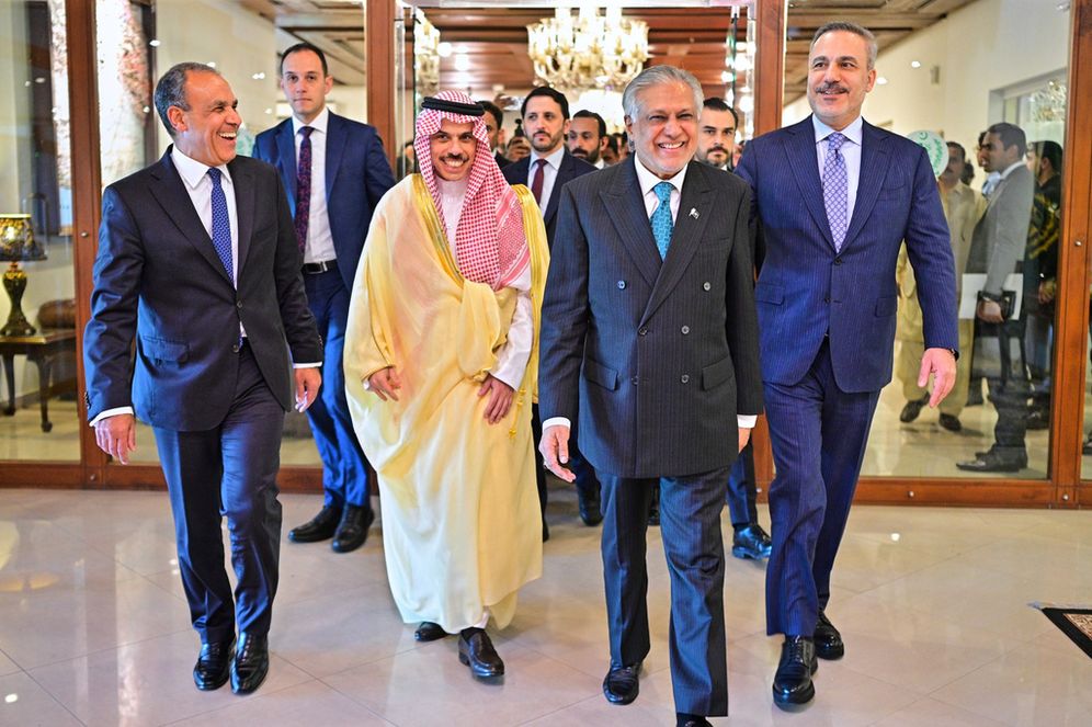 Photo released by the Pakistan FM, from left, Egyptian Foreign Minister Badr Abdelatty, Saudi Arabia's Foreign Minister Prince Faisal bin Farhan Al-Saud, Pakistan's Foreign Minister Ishaq Dar and Turkish Foreign Minister Hakan Fidan walk prior to their meeting to discuss the Middle East war, in Islamabad, Pakistan, Sunday, March 29, 2026