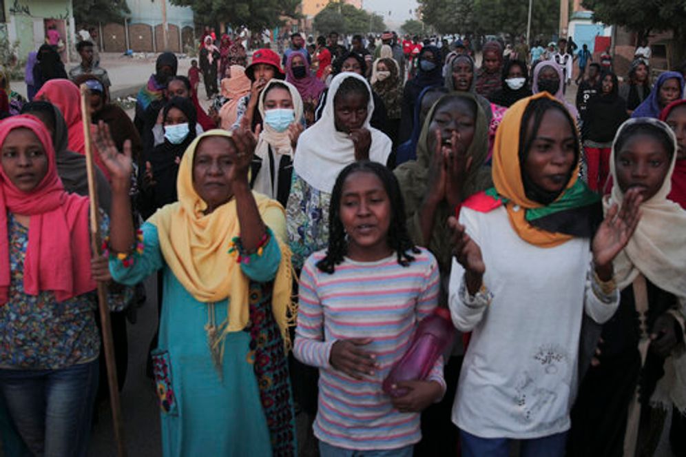 People protest in Khartoum, Sudan, two days after a military coup on October 27, 2021.