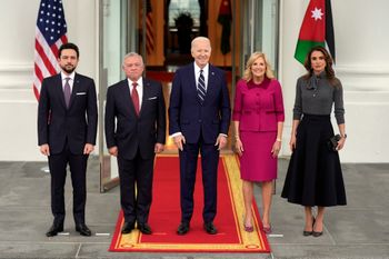 (L-R) Jordan's Crown Prince Hussein, King Abdullah II, US President Joe Biden, First Lady Jill Biden, and Jordan's Queen Rania at the White House in Washington, DC