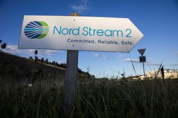A road sign directs traffic towards the Nord Stream 2 gas line landfall facility entrance in Lubmin, north eastern Germany, on September 7, 2020.