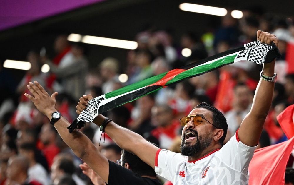 A fan holds up a 'Free Palestine' scarf in the crowd after the Qatar 2022 World Cup Group D football match between Denmark and Tunisia.