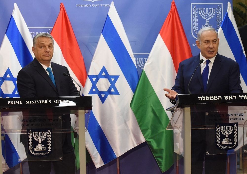Hungarian Prime Minister Viktor Orban (L) and Israeli Prime Minister Benjamin Netanyahu make joint statements at the Prime Minister's Office in Jerusalem.