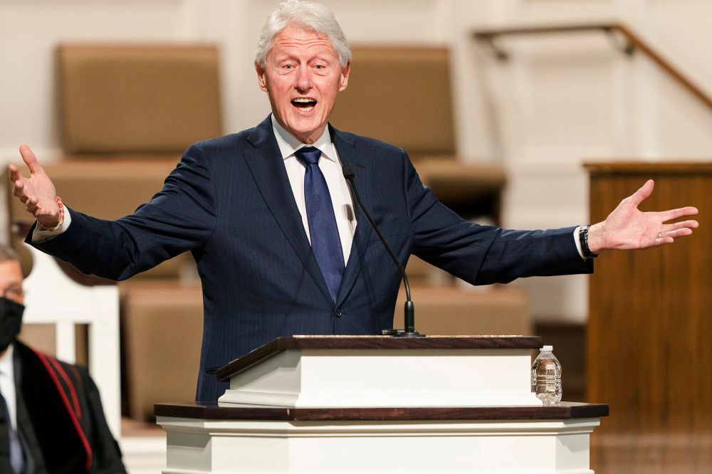 Former President Bill Clinton speaks during funeral services for Henry "Hank" Aaron, at Friendship Baptist Church in Atlanta, January 27, 2021.