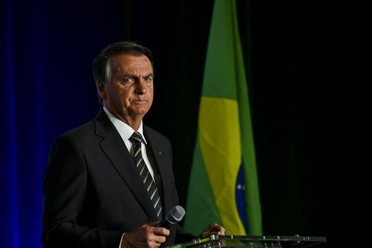 Former Brazilian President Jair Bolsonaro speaks during a "Power of the People Rally" at Trump National Doral resort in Miami, Florida.
