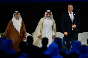 UAE Minister of Energy and Infrastructure Suhail al-Mazrouei, left, Qatar's Minister of Energy Affairs Saad Bin Sherida Al Kaabi, center, and Egypt's Minister of Petroleum and Mineral Resources Karim Badawi, right, walk back after a panel during the inaugural session of annual Abu Dhabi International Petroleum Exhibition & Conference (ADIPEC) in Abu Dhabi, United Arab Emirates, Monday, Nov. 3, 2025
