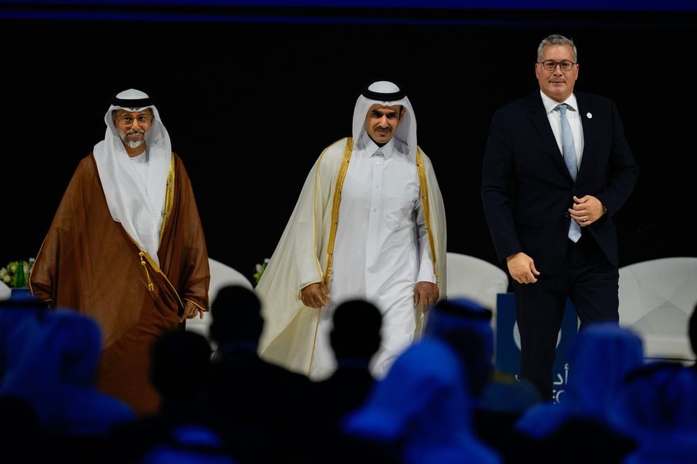 UAE Minister of Energy and Infrastructure Suhail al-Mazrouei, left, Qatar's Minister of Energy Affairs Saad Bin Sherida Al Kaabi, center, and Egypt's Minister of Petroleum and Mineral Resources Karim Badawi, right, walk back after a panel during the inaugural session of annual Abu Dhabi International Petroleum Exhibition & Conference (ADIPEC) in Abu Dhabi, United Arab Emirates, Monday, Nov. 3, 2025
