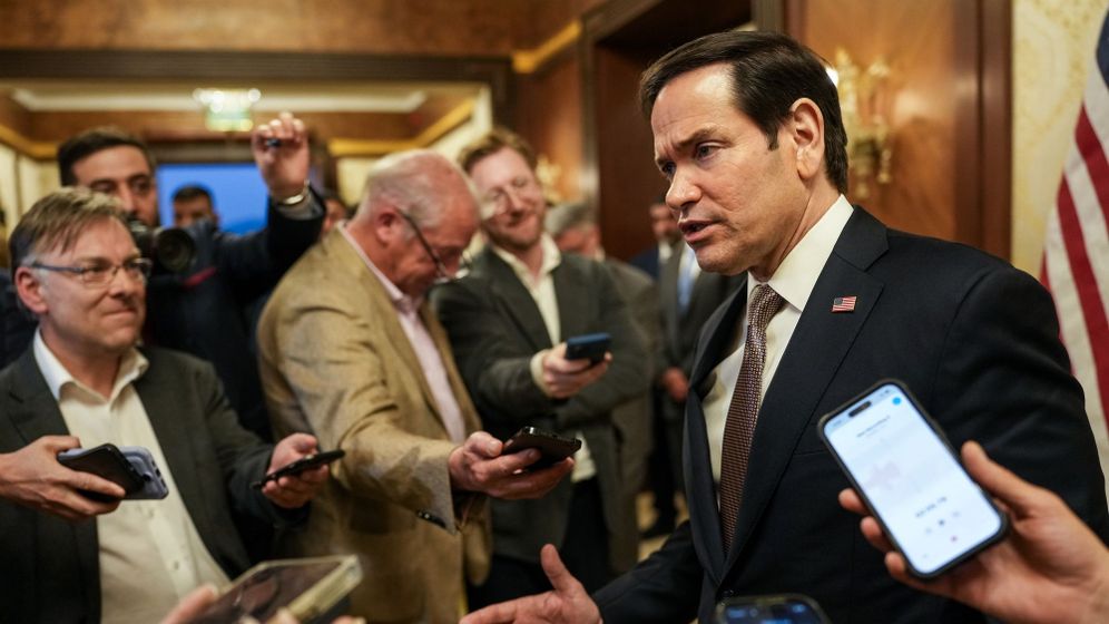 U.S. Secretary of State Marco Rubio speaks to members of the media before boarding a U.S. Air Force C-17 Globemaster III transport aircraft en route to Bahrain at Kuwait International Airport, in Kuwait City, Kuwait, Wednesday, June 24, 2026. 