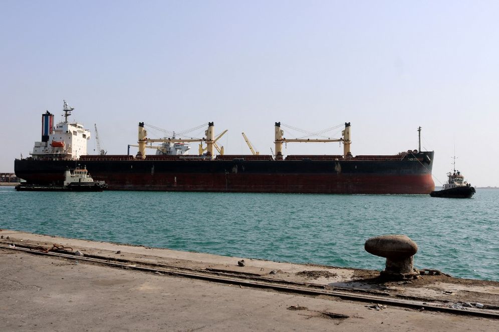 A picture taken on March 20, 2021 shows the port of Yemen's Red Sea coastal city of Hodeidah, around 140 miles west of the capital Sana'a.