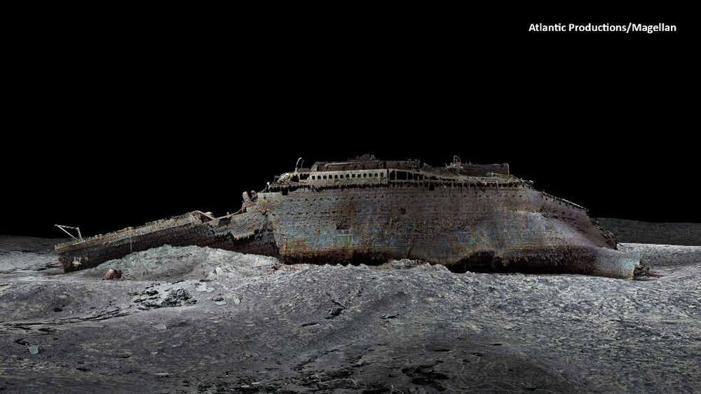 A grab taken from a digital scan released by Atlantic/Magellan shows a view of the Titanic in the Atlantic Ocean created using deep-sea mapping.