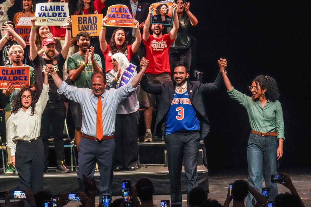 AP Photo/Ryan Murphy Democratic congressional candidates, Claire Valdez, Brad Lander, and Darializa Avila Chevalier gesture on stage with Mayor Zohran Mamdani during a Get Out The Vote rally ahead of New York's primary election, Thursday, June 18, 2026, in the Brooklyn borough of New York.