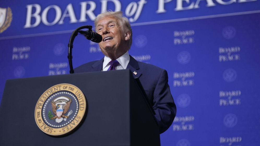 President Donald Trump speaks during a Peace Council meeting at the American Institute for Peace, February 19, 2026, in Washington.