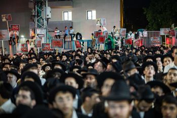Ultra-Orthodox Jewish men attend a rally against the imprisonment of yeshiva students who failed to comply with military recruitment orders, in Bnei Brak, June 29, 2026. 