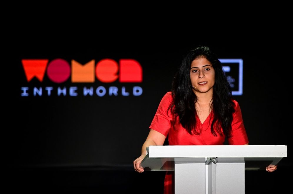 Loujain al-Hathloul speaks at the 10th Anniversary Women In The World Summit at David H. Koch Theater at Lincoln Center in New York City on April 10, 2019.
