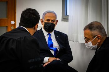 Israeli prime minister Benjamin Netanyahu seen as he arrives for a court hearing at the District Court in Jerusalem on April 05, 2021, PM Netanyahu is on trial on criminal allegations of bribery, fraud and breach of trust