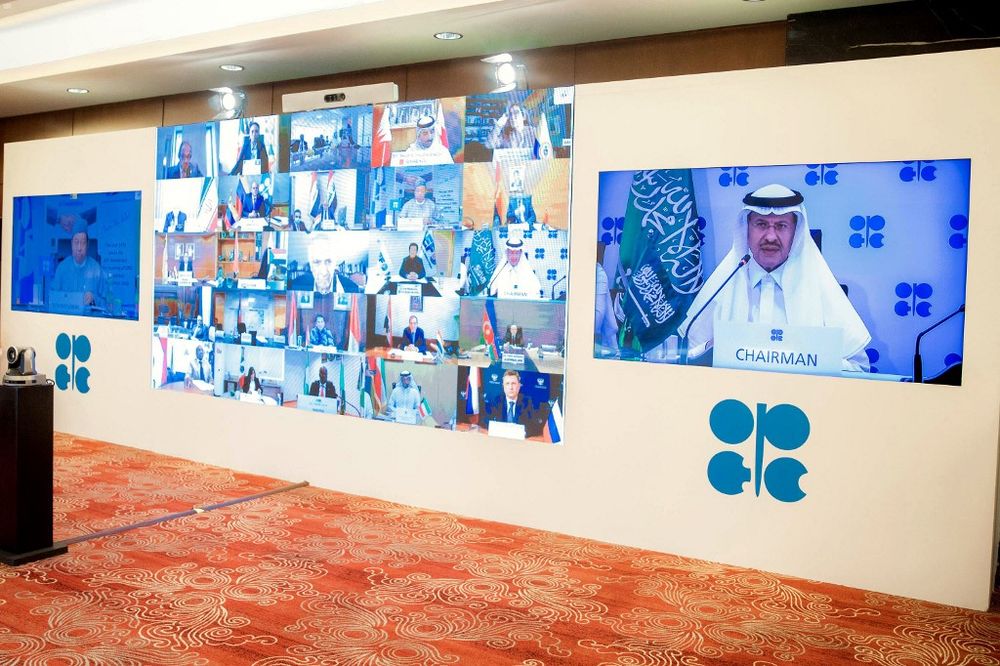 Saudi Energy Minister Prince Abdulaziz bin Salman al-Saud (R), chairing the virtual extraordinary meeting of the virtual meeting of Organisation of the Petroleum Exporting Countries (OPEC) in Riyadh, Saudi Arabia, on April 9, 2020.