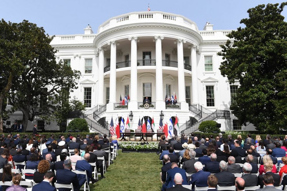 US President Donald Trump speaks from the Truman Balcony at the White House during the signing ceremony of the Abraham Accords in Washington, DC, on September 15, 2020.
