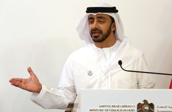 The foreign minister of the United Arab Emirates, Sheikh Abdullah bin Zayed Al Nahyan, gives a news conference in Abu Dhabi, United Arab Emirates, Sunday, June 9, 2019