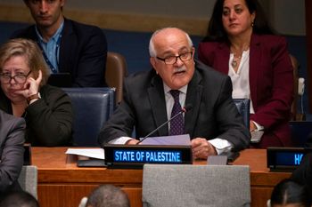 Palestinian Ambassador Riyad H. Mansour speaks during a meeting at UN headquarters.