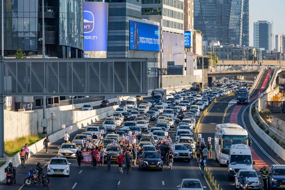 Chaim Goldberg/Flash90 Protesters demonstrate as they block the Ayalon Highway in Tel Aviv, during events marking the 1,000th day since the October 7 massacre, July 2, 2026.