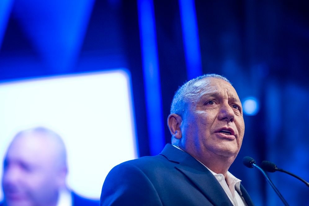 Photo by Chaim Goldberg/Flash90 Gadi Eisenkot, chairman of the Yashar party, together with party members, attends the presentation of the party’s candidate list ahead of the upcoming general elections in Rosh HaAyin, September 7, 2026.