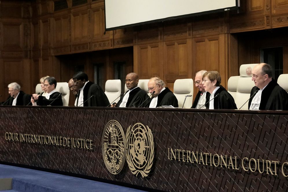 (AP Photo/Patrick Post) Judges preside over the opening of the hearings at the International Court of Justice in The Hague, Netherlands.