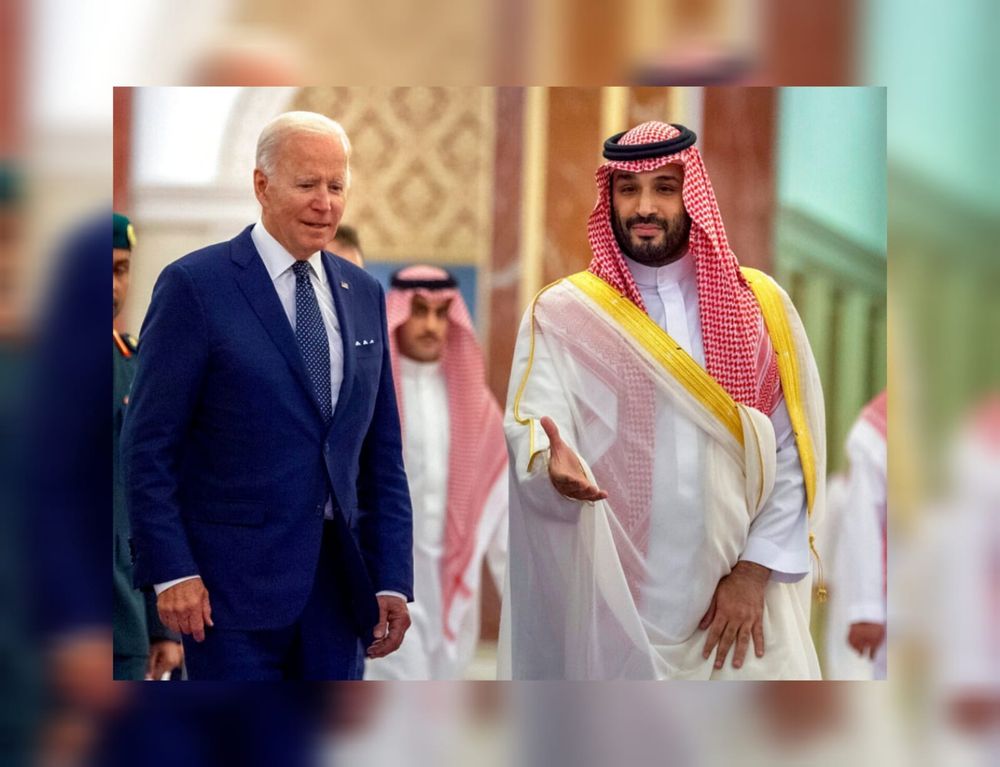 Saudi Crown Prince Mohammed bin Salman (R) welcomes U.S. President Joe Biden to Al-Salam Palace in Jeddah, Saudi Arabia.