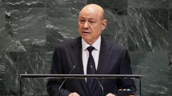 Yemen President Rashad Mohammed Al-Alimi addresses the 80th session of the United Nations General Assembly, Thursday, Sept. 25, 2025. 
