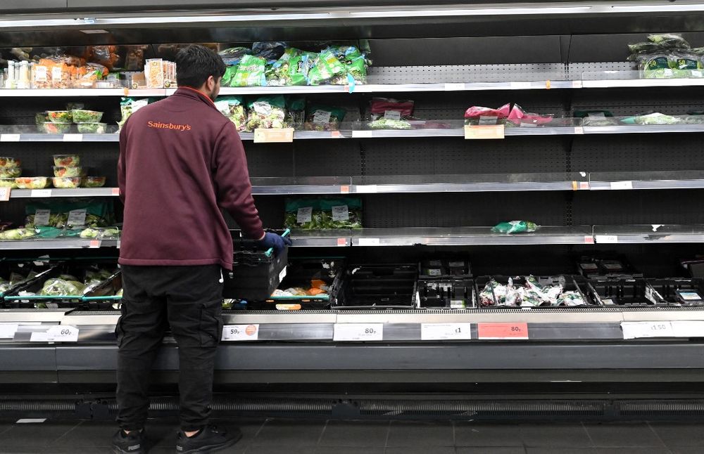 A worker restocks empty shelves of lettuce and salad leaves inside a Sainsbury's supermarket in London.
