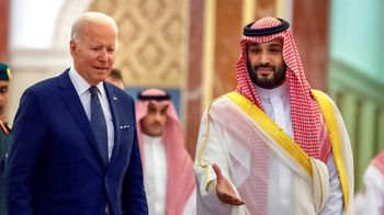 FILE - In this photo released by the Saudi Royal Palace, Saudi Crown Prince Mohammed bin Salman, right, welcomes U.S. President Joe Biden to Al-Salam Palace in Jeddah, Saudi Arabia.