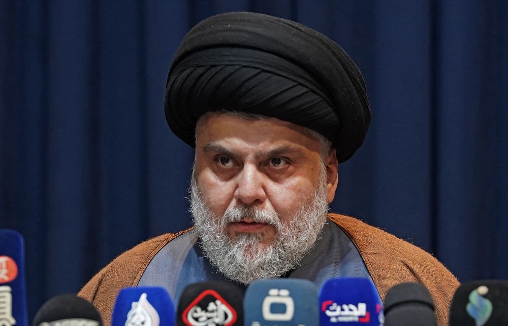 Iraqi Shiite Muslim cleric Moqtada al-Sadr gives a news conference in the central holy shrine city of Najaf, November 18, 2021.