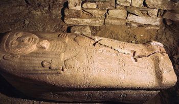 A pink granite sarcophagus belonging to a ranking government official during the reign of the ancient Egyptian New Kingdom Pharaoh Ramses II in Saqqara, Egypt, on September 19, 2022.