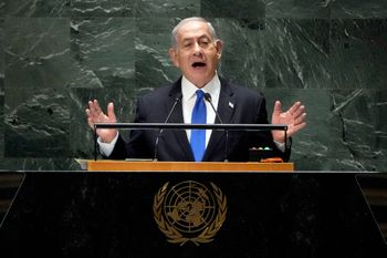Israel's Prime Minister Benjamin Netanyahu addresses the 78th session of the United Nations General Assembly, in New York, the United States.
