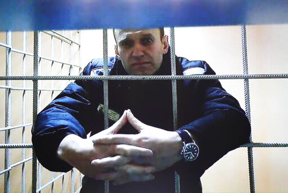 Russian opposition leader Alexei Navalny is seen in a video link from prison in Petushki, Vladimir region, east of Moscow, Russia, December 28, 2021.
