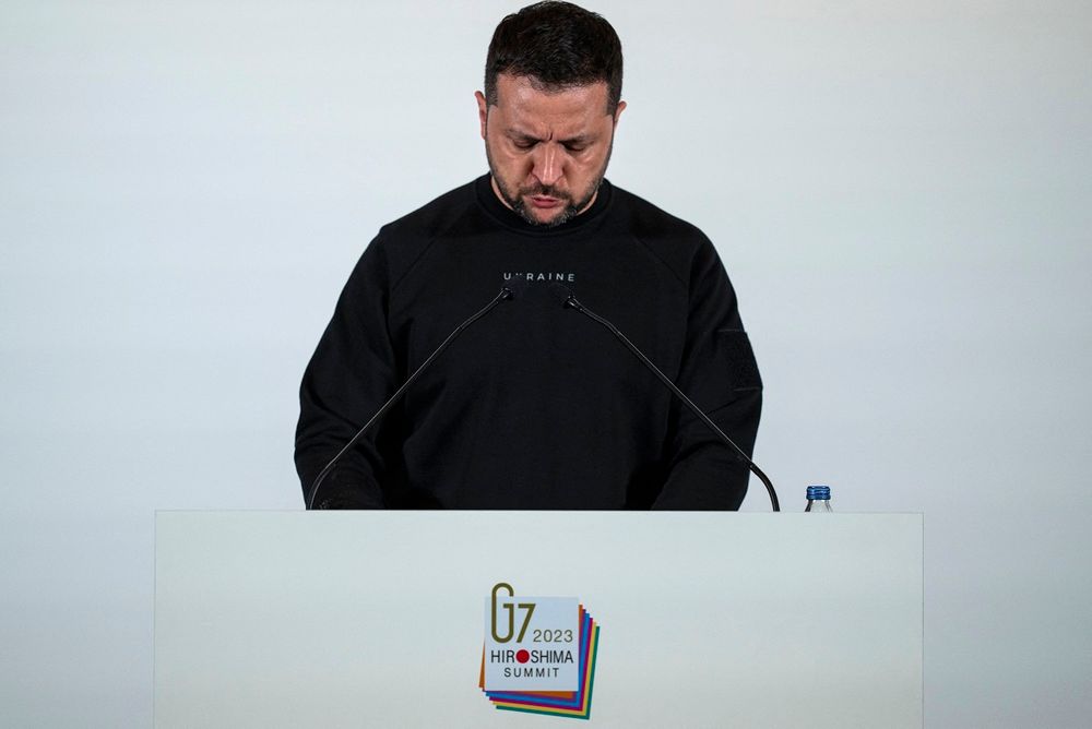 Volodymyr Zelensky speaks at a news conference following the G7 Leaders' Summit in Hiroshima.