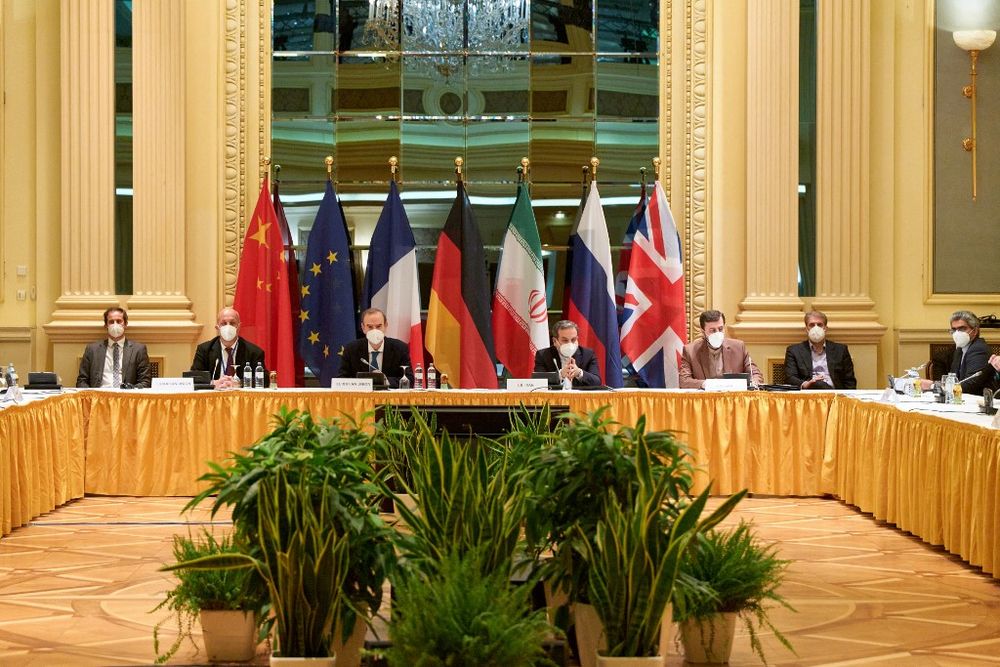 Delegation members from the parties to the Iran nuclear deal - Germany, France, Britain, China, Russia and Iran – attending a meeting at the Grand Hotel of Vienna as they try to restore the deal on April 17, 2021.