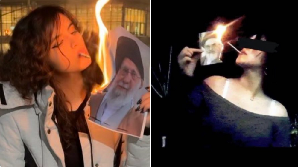 Young Iranian women lighting up with a photo of the Ayatollah
