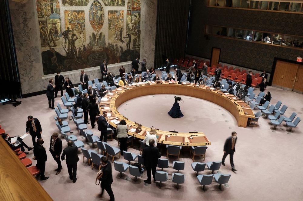 Diplomats participate in a United Nations meeting of the UN Security Council in New York City, United States.
