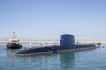 The German-made INS Rahav, the fifth Israeli Navy submarine, arrives at the military port of Haifa on January 12, 2016.