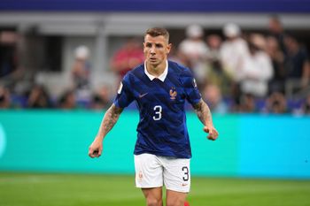 France's Lucas Digne (3) is seen on the pitch during the World Cup semifinal soccer match between France and Spain in Arlington, Texas, near Dallas, Tuesday, July 14, 2026. 