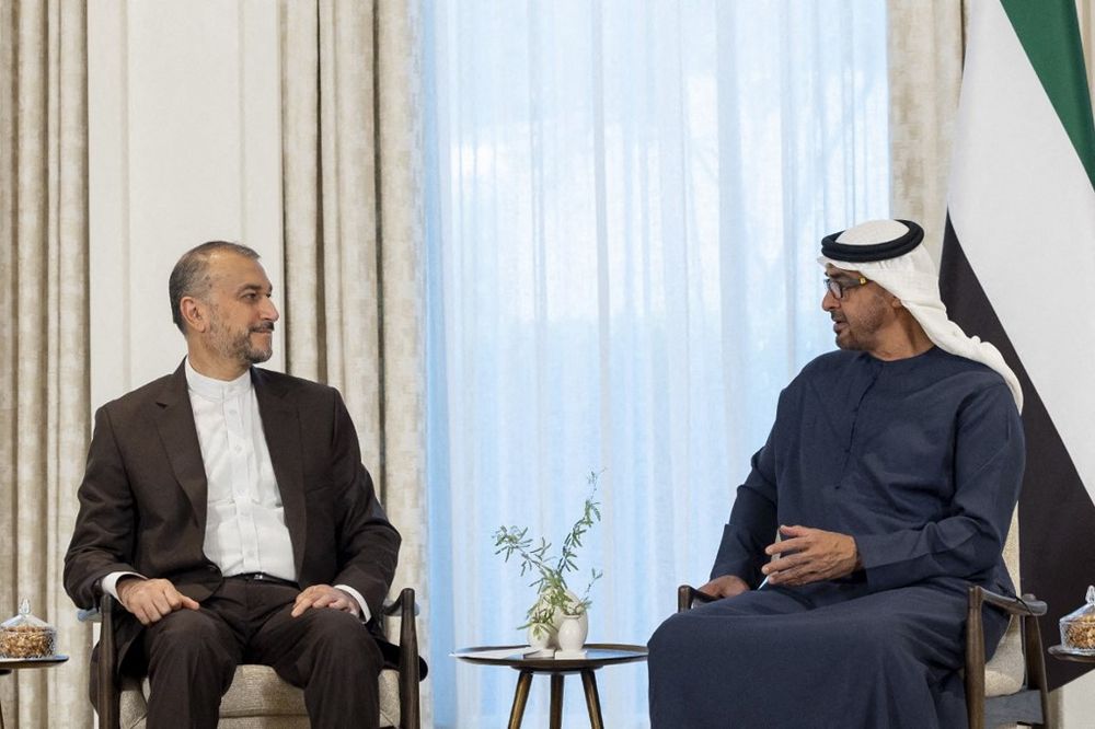 UAE's President Sheikh Mohamed bin Zayed al-Nahyan (R) meeting with Iran's Foreign Minister Hossein Amir-Abdollahian, in Abu Dhabi, UAE.