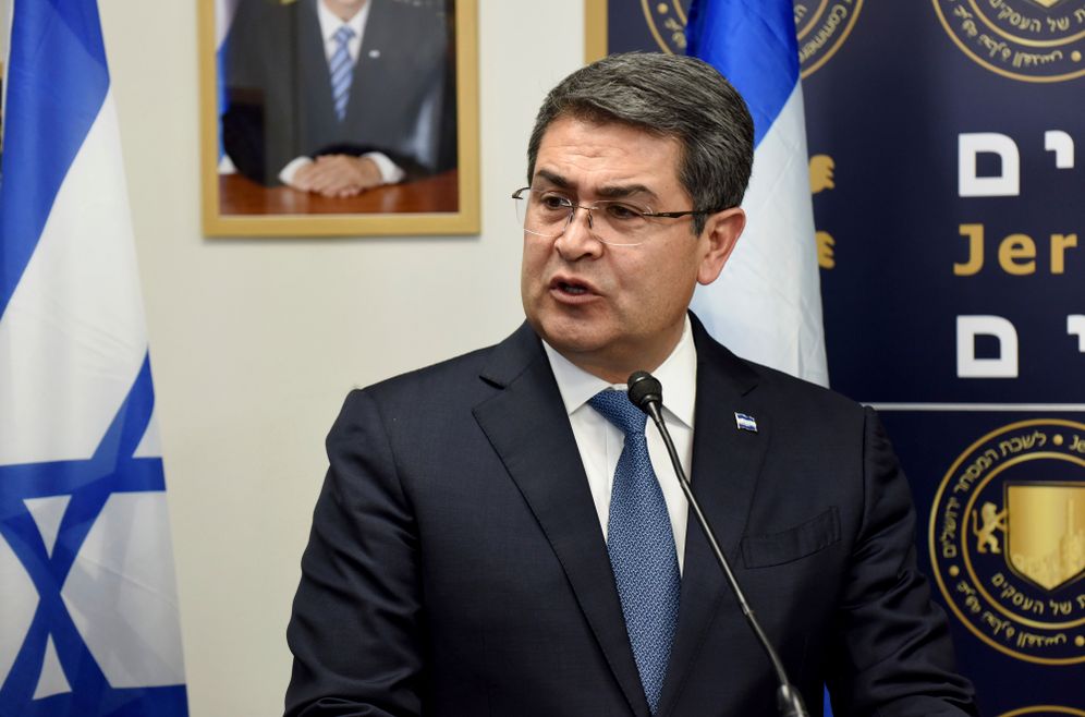 President of Honduras Juan Orlando Hernandez speaks at the inauguration ceremony of the Diplomatic Trade Office of Honduras, in Jerusalem, on September 1, 2019.
