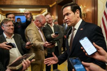 (Eric Lee/Pool Photo via AP) U.S. Secretary of State Marco Rubio speaks to members of the media before boarding a U.S. Air Force C-17 Globemaster III transport aircraft en route to Bahrain at Kuwait International Airport, in Kuwait City, Kuwait, Wednesday, June 24, 2026.