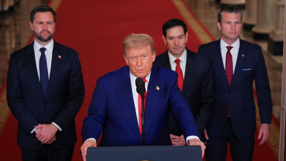 נשיא ארה"ב, דונלד טראמפ, מדווח על התקיפה האמריקנית באיראן, יוני 2025