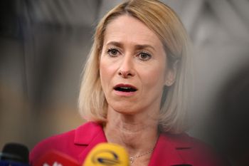 European Union foreign policy chief Kaja Kallas speaks with the media as she arrives for the EU summit at the European Council building in Brussels, Thursday, Oct. 15, 2026.
