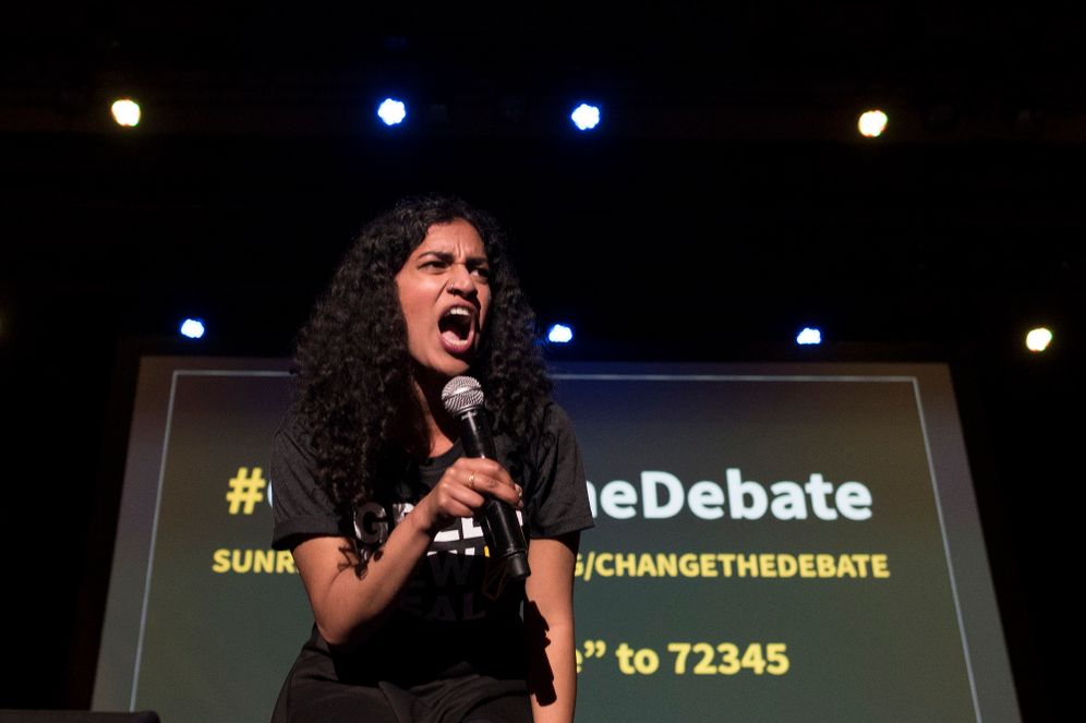 Sunrise Movement co-founder Varshini Prakash addresses The Road to the Green New Deal Tour final event at Howard University in Washington, May 13, 2019.