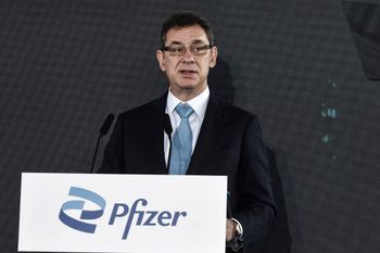 Pfizer CEO Albert Bourla delivers a speech during the inauguration ceremony of the company’s new center for Digital Innovation and Business Operations and Services, in Thessaloniki, Greece, on October 12, 2021.