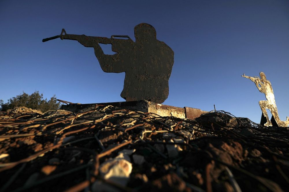 A metal cutout of a soldier at an Israeli army post in Mount Bental near the Syrian border in the Golan Heights, northern Israel, on February 9, 2022.